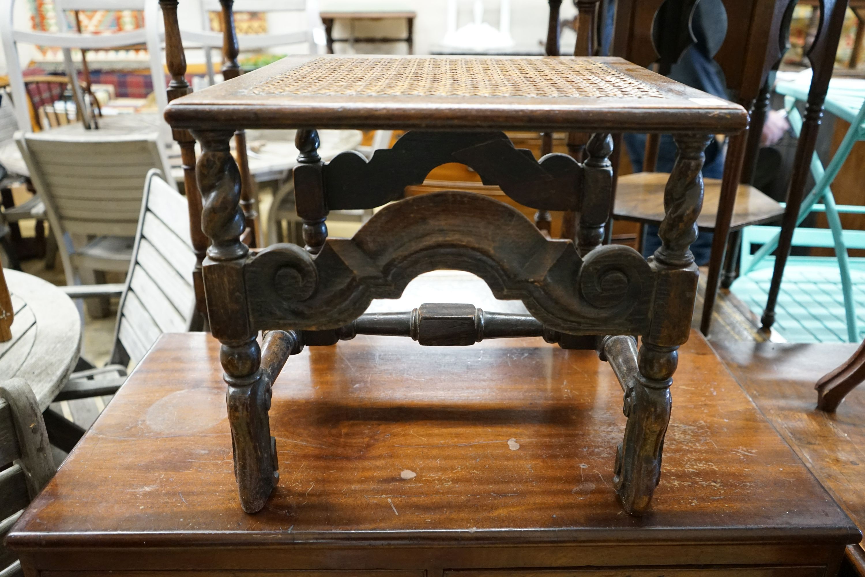 A Carolean design square caned oak stool, 46cm, height 42cm